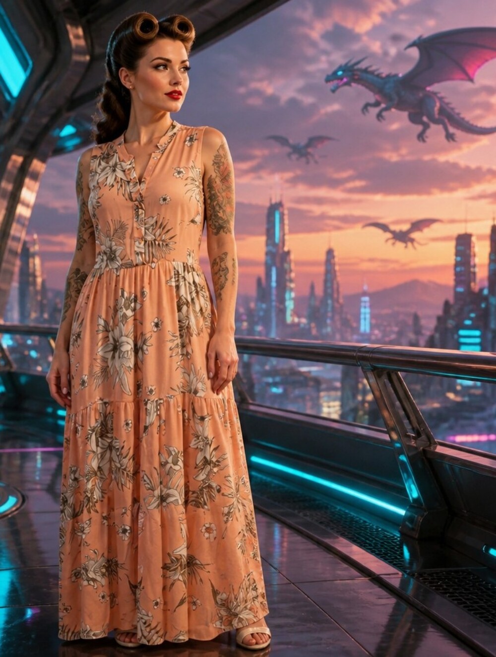 Peach Floral V-Neck Tiered Maxi Dress
